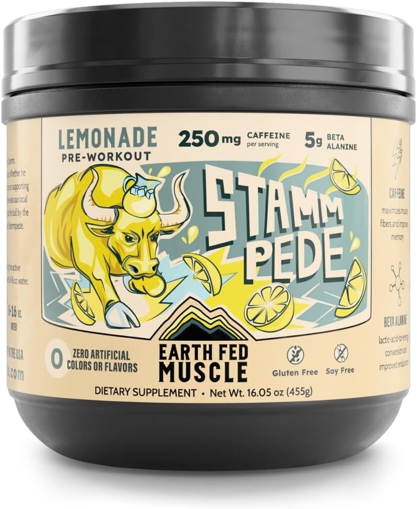 Earth Fed Muscle Stammpede Pre Workout Powder, Lemonade Flavor, 250mg Caffeine Powder, 5g Beta Alanine, Citrulline, Taurine & Tyrosine, Gluten & Sugar Free Pre Workout, Keto Friendly, 26 Servings