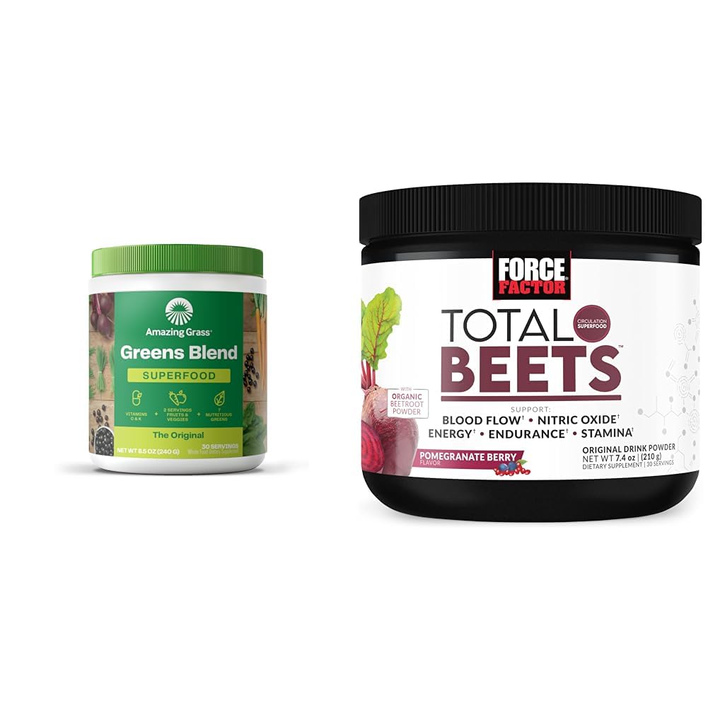 Amazing Grass Greens Blend Superfood: Super Greens Powder Smoothie Mix for Boost Energy & Force Factor Total Beets Drink Mix Superfood Powder with Nitrates to Support Circulation, Blood Flow