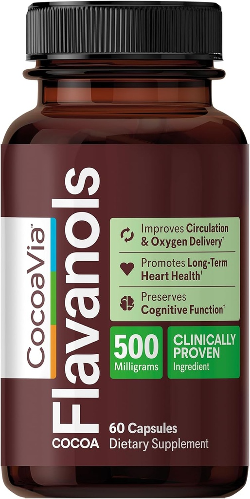 CocoaVia Heart & Brain Supplement, 30 Day, Cocoa Flavanol Extract, Memory & Circulation Booster, Nitric Oxide, Boost Oxygen & Energy, Plant Based, Gluten Free, Vegan, 60 Capsules