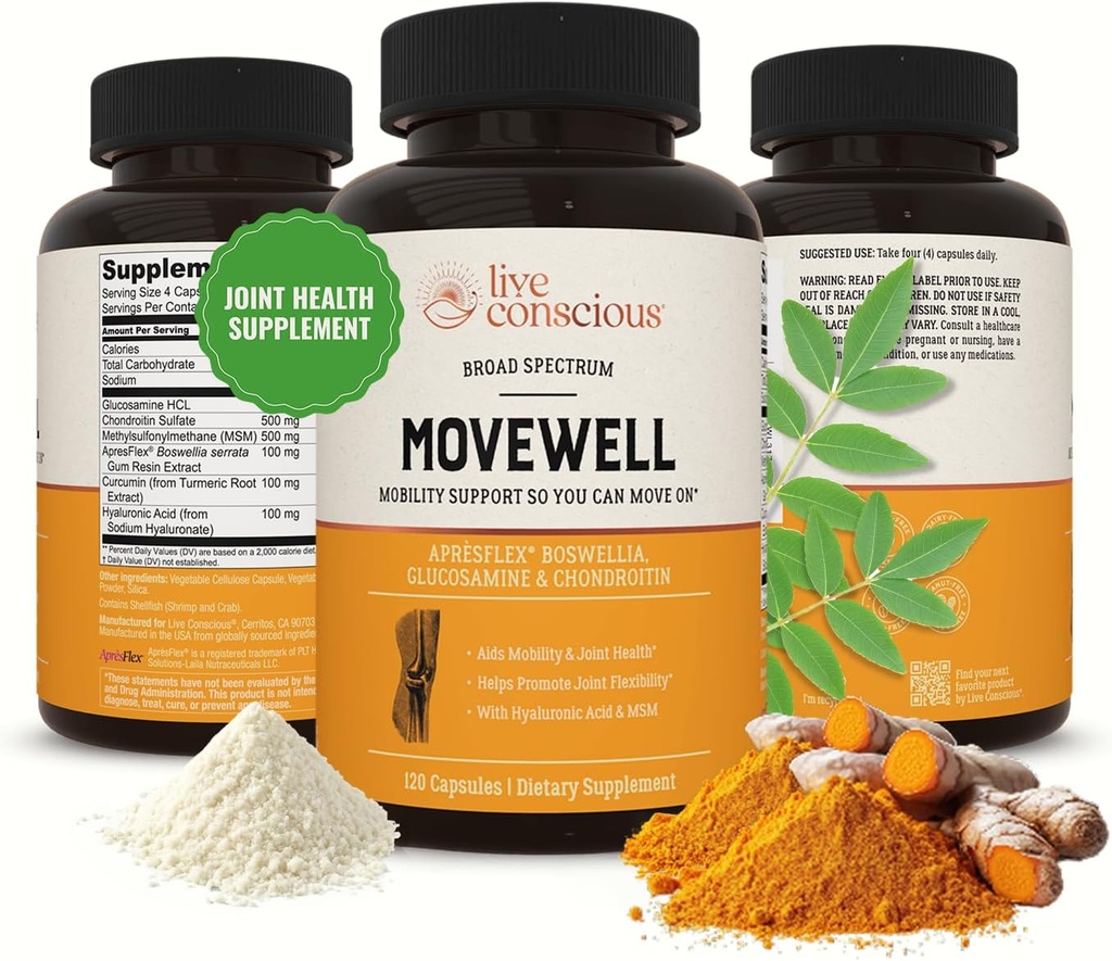Live Conscious Glucosamine Chondroitin with MSM, Hyaluronic Acid, and More - MoveWell Joint Health Supplement