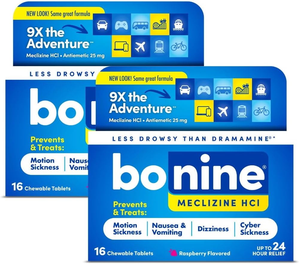 Bonine Non-Drowsy Motion Relief Ασθένειας - 32 Μασώμενα Δισκία με Meclizine HCL 25mg - Μη Νυσταγμένη Ιατρική για Ναυτία ή Αρρώστια Κίνησης - Απαραίτητα Κρουαζιέρας - Γεύσεις Βατόμουρου