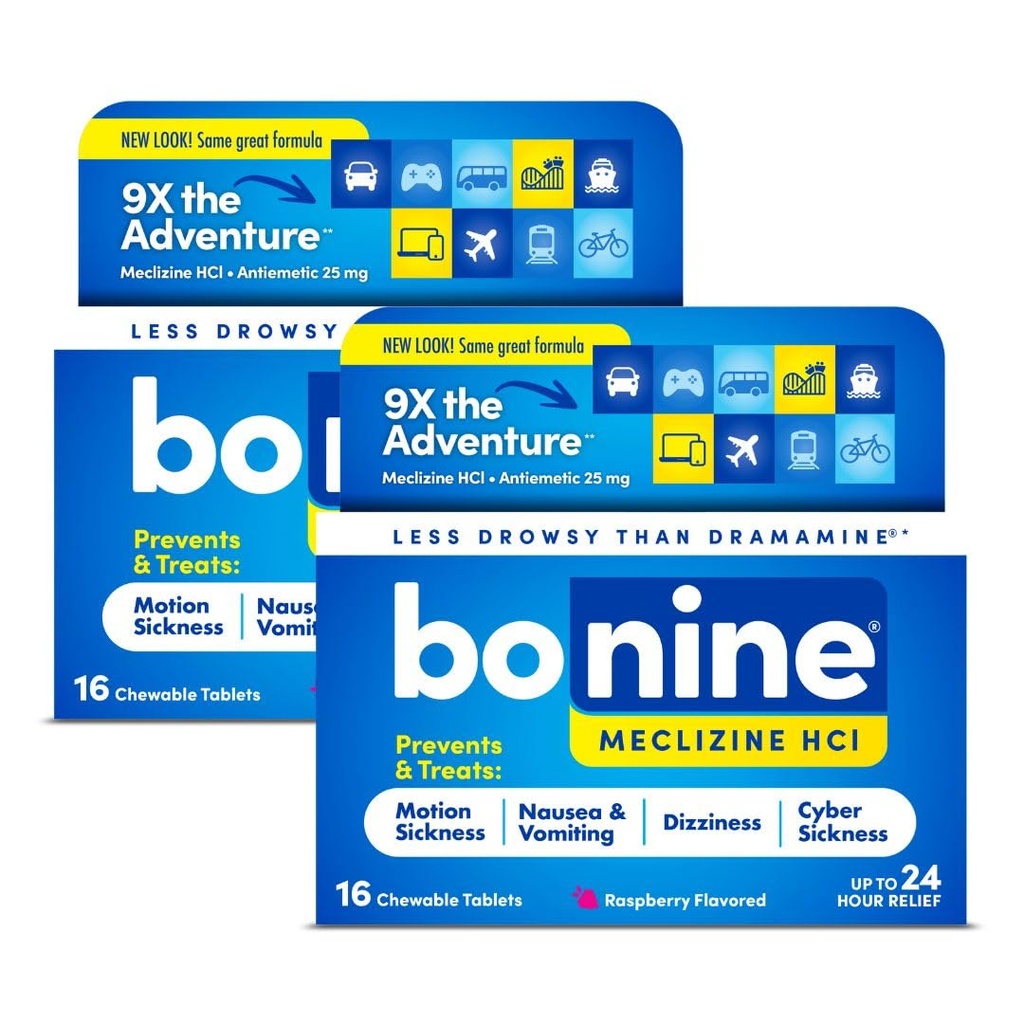 Bonine Non-Drowsy Motion Relief Ασθένειας - 32 Μασώμενα Δισκία με Meclizine HCL 25mg - Μη Νυσταγμένη Ιατρική για Ναυτία ή Αρρώστια Κίνησης - Απαραίτητα Κρουαζιέρας - Γεύσεις Βατόμουρου