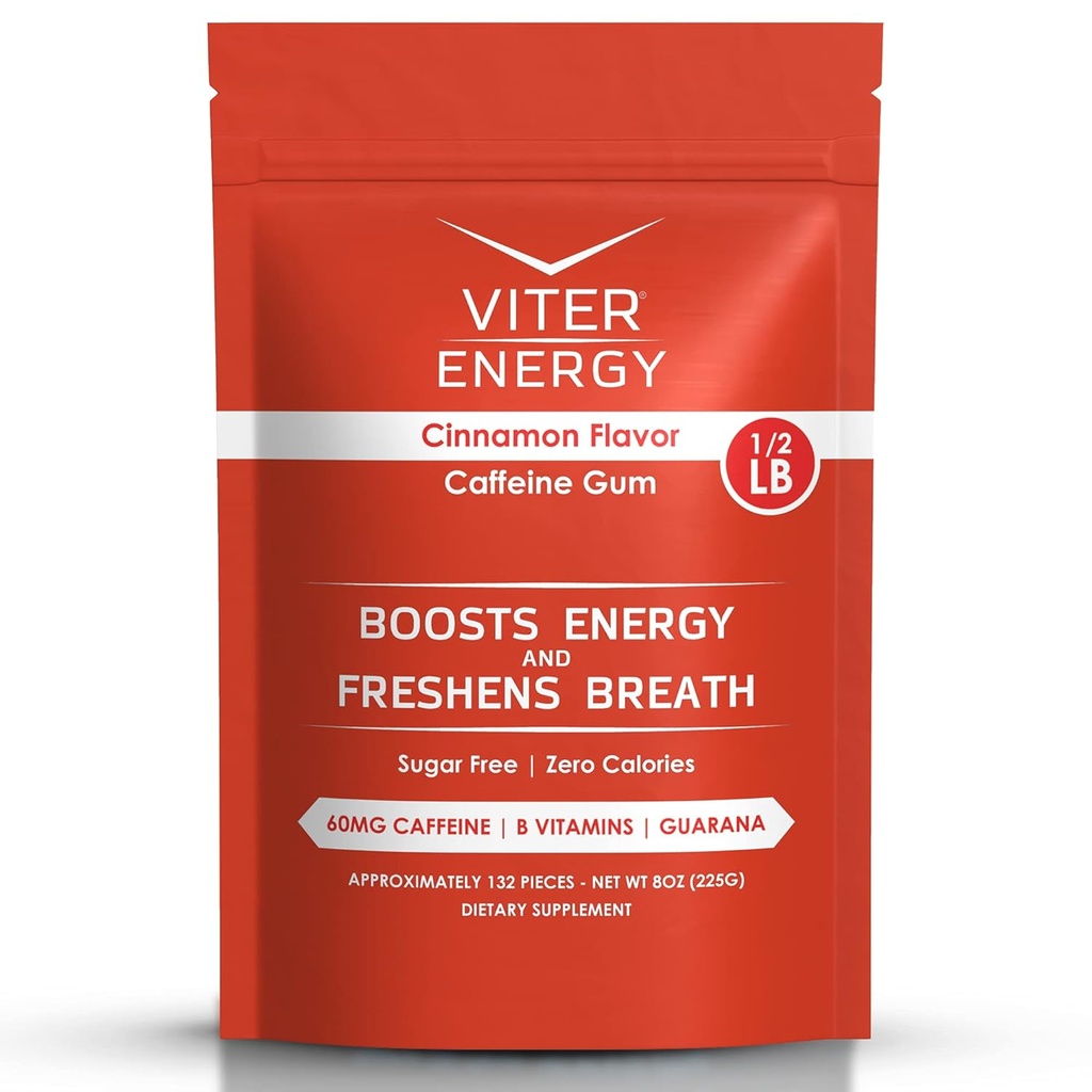 Viter Energy Caffeinated Gum 60mg Caffeine, B Βιταμίνες, Guarana, Sugar Free. (Κίναμον, 8oz, Bulk Bag)