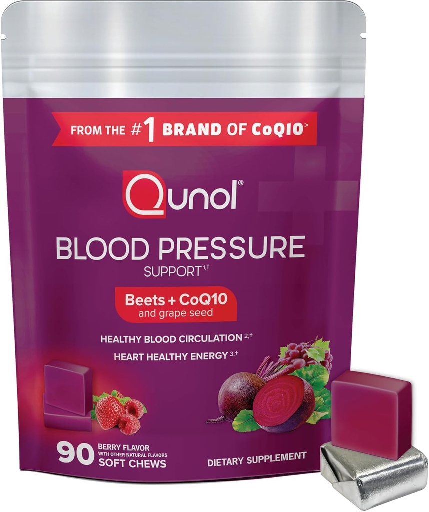 Qunol Beets Cheets για την υποστήριξη της πίεσης του αίματος, 3 σε 1 Beets + CoQ10 + εκχύλισμα σπόρων σταφυλιών, υποστηρίζει υγιή κυκλοφορία του αίματος & καρδιά υγιή ενέργεια, 90 μάσημα