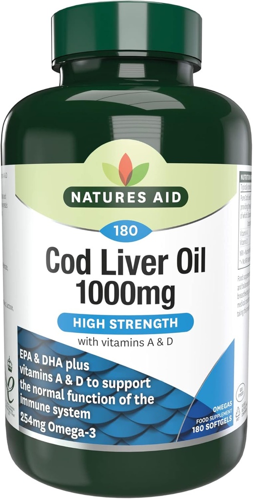 Natures Aid High Strength Cod Liver Oil 1000mg with Vitamin A & D - 180 Capsules