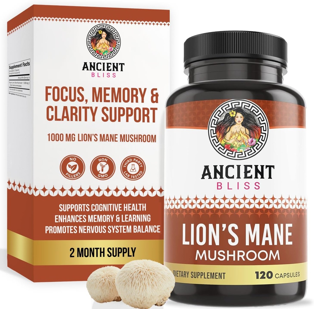 Ancient Bliss Lion's Mane Supplement (2 Month Supply)- 120 Vegan Mushroom Capsules- May Supports Mental Clarity, Energy & May Focus- Memory & Immune Support Mushroom Supplement