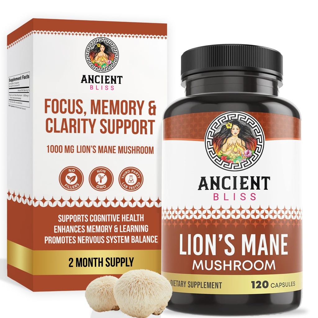 Ancient Bliss Lion's Mane Supplement (2 Month Supply)- 120 Vegan Mushroom Capsules- May Supports Mental Clarity, Energy & May Focus- Memory & Immune Support Mushroom Supplement