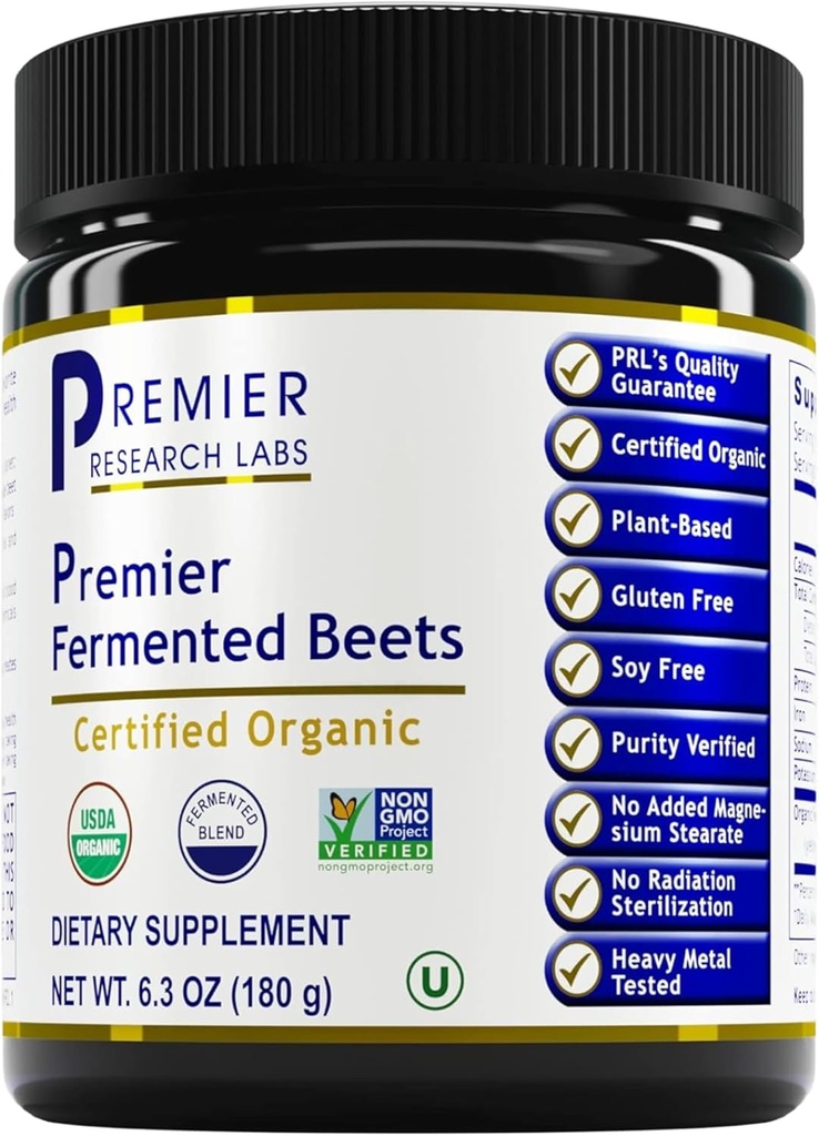 Premier Research Labs Premier Fermented Beets - Beet Root Powder Fermented, Organic Fermented Beets for Men & Women, Beetroot, Nitrates, Υποστήριξη πίεσης αίματος, USDA Organic - 6.3 Oz Jar