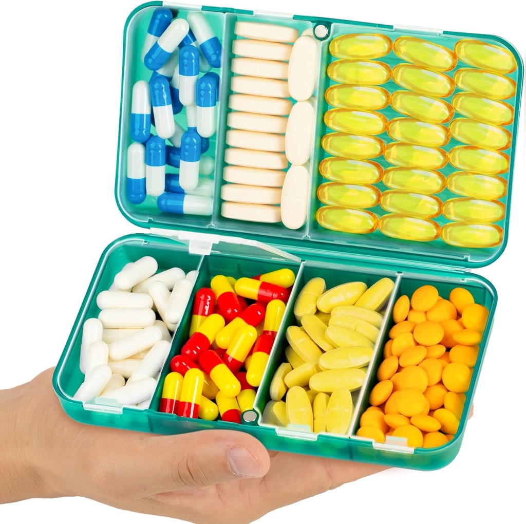 Yaklim Magnetic Travel Pill Organizer, 7 διαμερίσματα Portable Pill Box, Μεγάλη Βιταμίνη Organizer με ετικέτες, Daily Pill Case Medicine Organizer, Big Supplement Organizer Magnet Pill Container Green