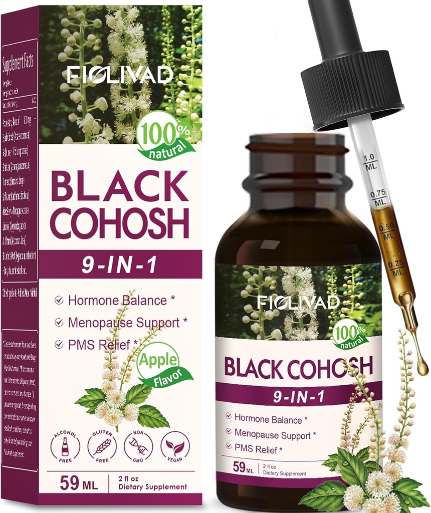 Μαύρο Cohosh σταγόνες, εκχύλισμα βοτάνων μείγμα για την ισορροπία ορμονών, εμμηνόπαυση υποστήριξη & PMS ανακούφιση. 2oz-(Apple άρωμα)