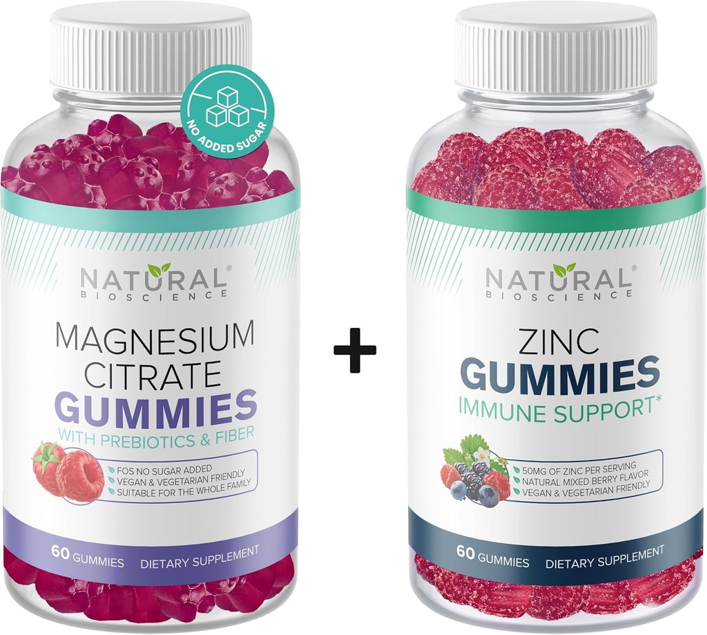 Χωρίς ζάχαρη Μαγνήσιο Gummies & Extra Strength Zinc Gummies, Vegan, Χωρίς γλουτένη, ηρεμία, χαλάρωση, μυϊκή υγεία, ανοσοποιητική υποστήριξη, υγεία του δέρματος, μη ΓΤΟ, 60 Gummy Βιταμίνες