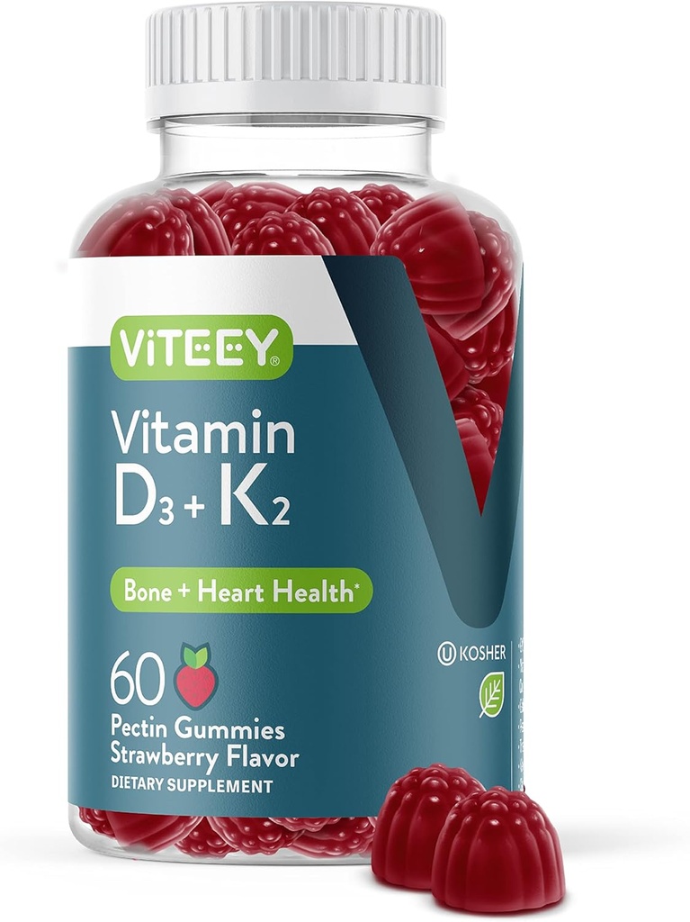 VITEEY Βιταμίνη D3 K2 Gummies - 1000 IU Βιταμίνη D3 και K2 100mcg - Υγεία των οστών και της καρδιάς για ενήλικες και εφήβους - Χορτοφαγικά, Χωρίς ζελατίνη, Χωρίς ΓΤΟ - Νόστιμο Μασώμενο D3K2 Βιταμίνες Φράουλα Γεύση Gummy