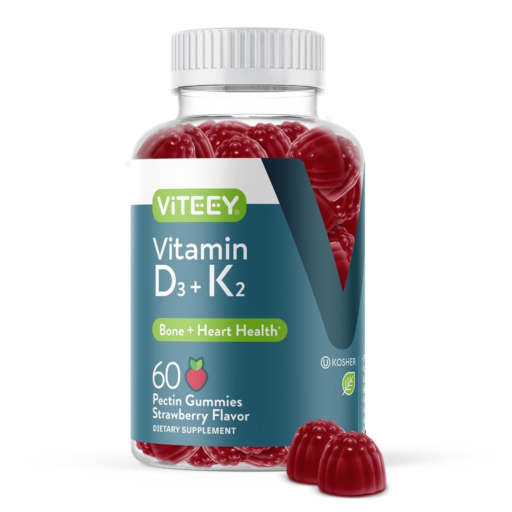 VITEEY Βιταμίνη D3 K2 Gummies - 1000 IU Βιταμίνη D3 και K2 100mcg - Υγεία των οστών και της καρδιάς για ενήλικες και εφήβους - Χορτοφαγικά, Χωρίς ζελατίνη, Χωρίς ΓΤΟ - Νόστιμο Μασώμενο D3K2 Βιταμίνες Φράουλα Γεύση Gummy