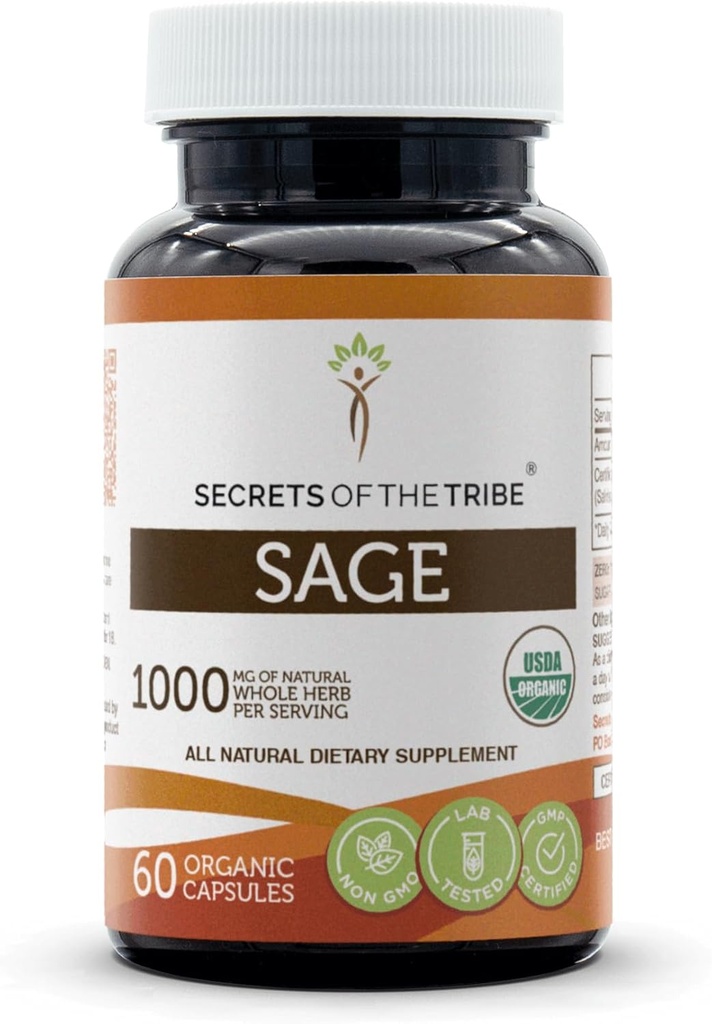 Secrets of the Tribe Sage USDA Organic 60 Capsules | Made with Organic Vegetarian Capsules and Organic Sage (Salvia officinalis) Dried Leaf (60 Capsules)