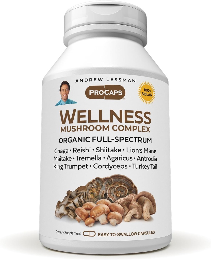 ANDREW LESSMAN Wellness Mushroom Complex 180 Capsules - Organic Full Spectrum Blend of 11 Mushrooms - Supports Overall Health and Vitality - No Additives. Mushroom Complex Supplement
