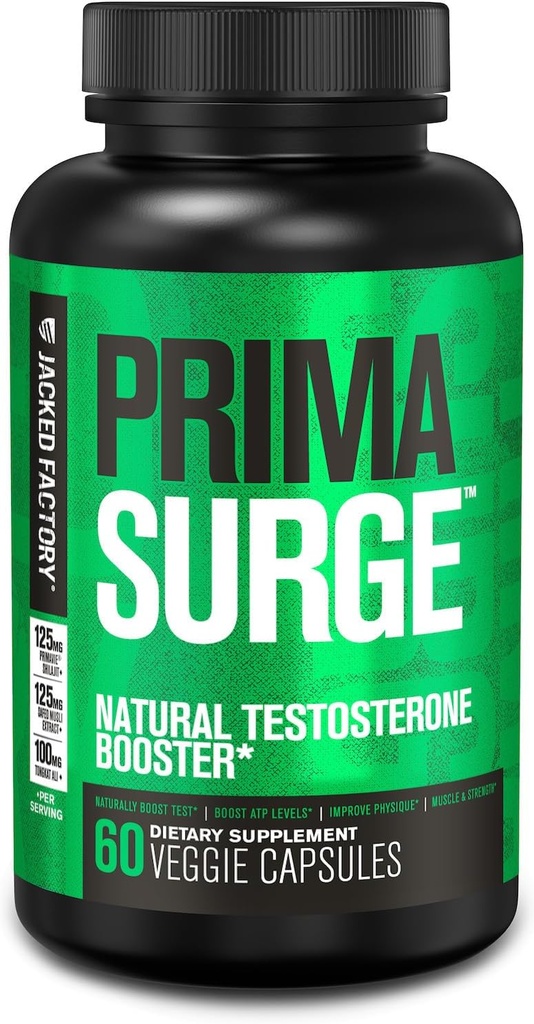 Jacked Factory Testosterone Booster for Men PRIMASURGE - w/Tongkat Ali, PrimaVie, Ashwagandha - Boost Vitality, Muscle Growth & Energy | Natural Test Booster Supplement - 60 Veggie Pills