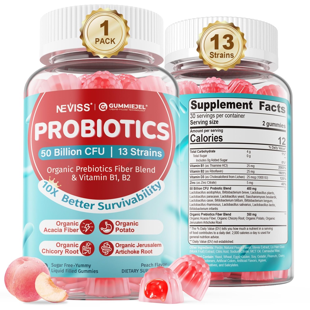 NEVISS Probiotic + Προβιοτική Gummies για ενήλικες & παιδιά 4+, Χωρίς ζάχαρη Chewable 50 Billion CFUs w/Fiber, Βιταμίνη B1 B2 D3 & ψευδάργυρος, για Digestive & Gut Health, Boost Microflora Diversity, 60 Cts