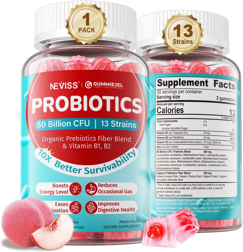 NEVISS Probiotic + Προβιοτική Gummies για ενήλικες & παιδιά 4+, Χωρίς ζάχαρη Chewable 50 Billion CFUs w/Fiber, Βιταμίνη B1 B2 D3 & ψευδάργυρος, για Digestive & Gut Health, Boost Microflora Diversity, 60 Cts