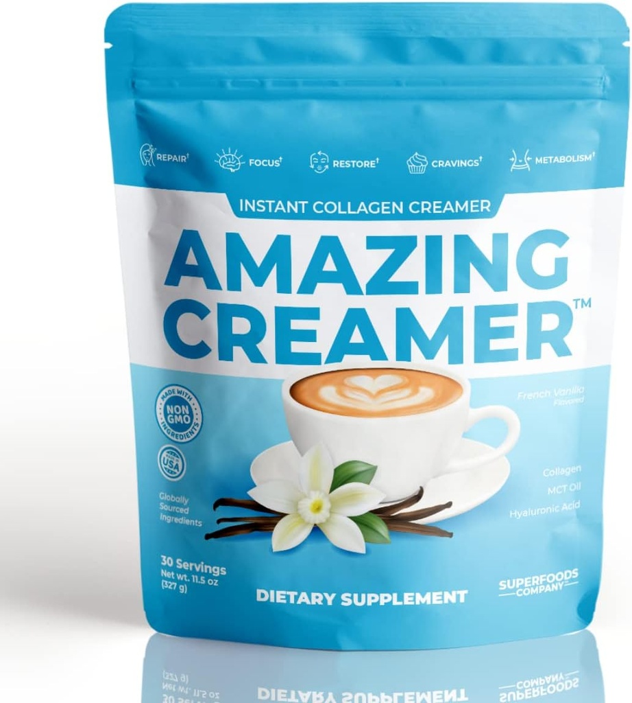 Superfoods Company Amazing Creamer με κολλαγόνο - Keto Creamer-Hyaluronic Acid & MCT Oil - Brain Boost & Curbs Cravings - Υποστηρίζει υγιή δέρμα & μαλλιά - Διατροφή-Φιλικά [30 Μερίδες] [Vanilla]