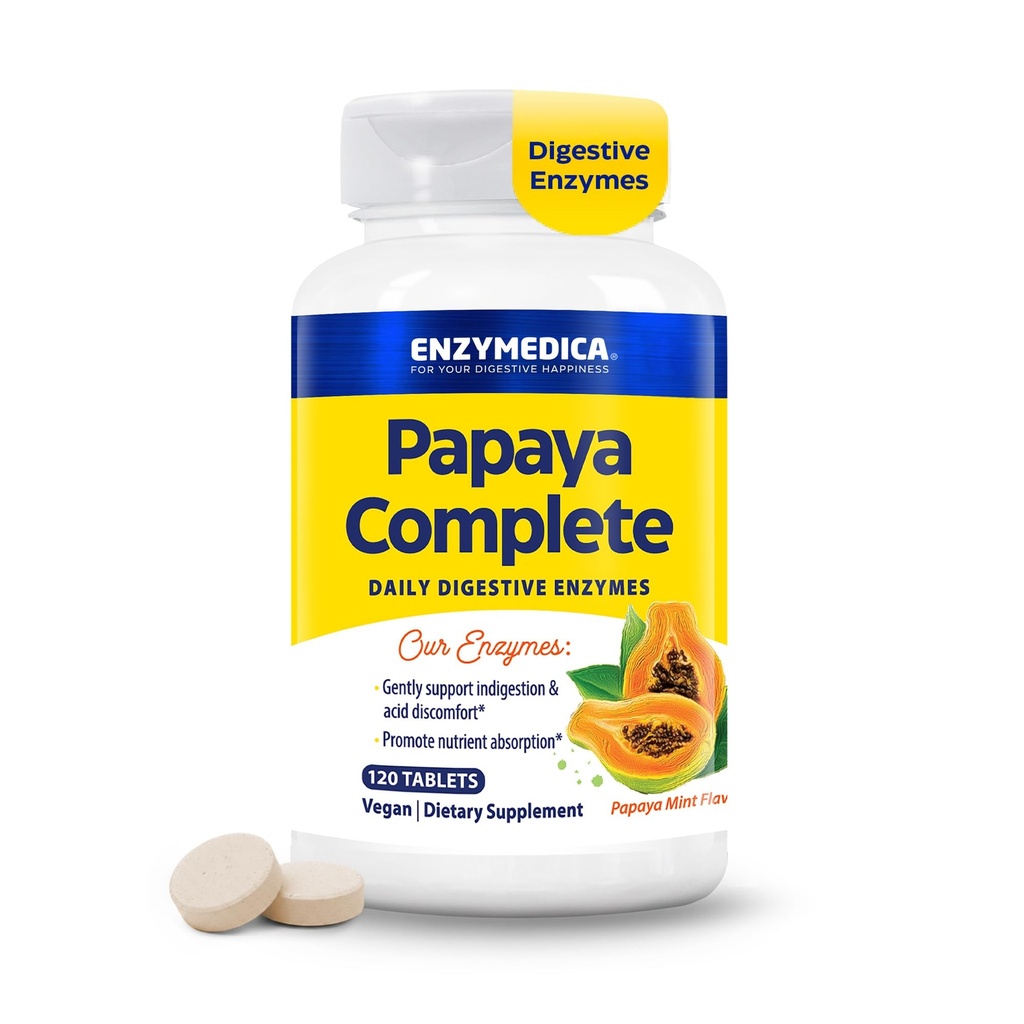 Enzymedica Papaya Enzymes Chewable, Digestive Enzymes for Women and Men, with Organic Papaya Juice and Chlorophyl, High Potency Bromelain & Papain, Vegan, Mint Flavor, 120 Tablets