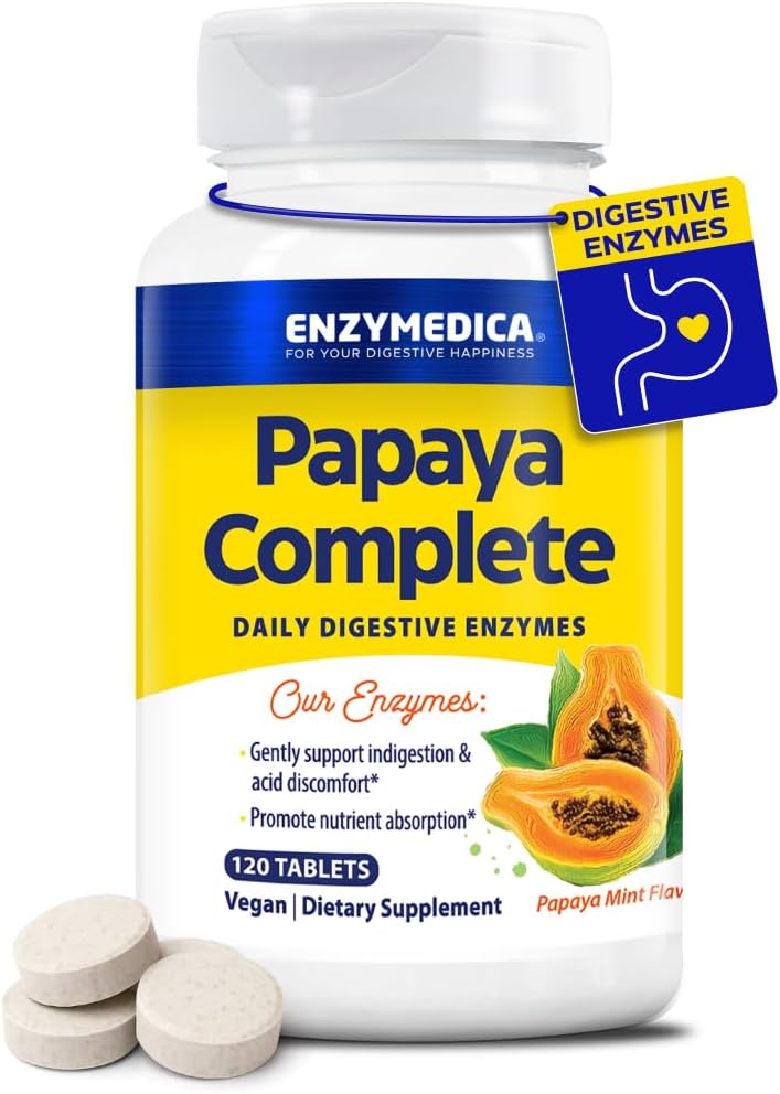 Enzymedica Papaya Enzymes Chewable, Digestive Enzymes for Women and Men, with Organic Papaya Juice and Chlorophyl, High Potency Bromelain & Papain, Vegan, Mint Flavor, 120 Tablets