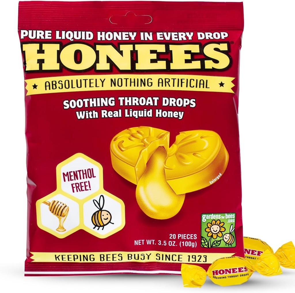 Honees Honey Filled Drops, Honey Cough Drops with Real Honey-Φυσικό Sore Lroat Relief-Nothing Artificial-Troat Coat Lozenges, Φυσικό Cough Suppressant, Μη ΓΤΟ, Χωρίς γλουτένη (1 Pack – 20 σταγόνες)