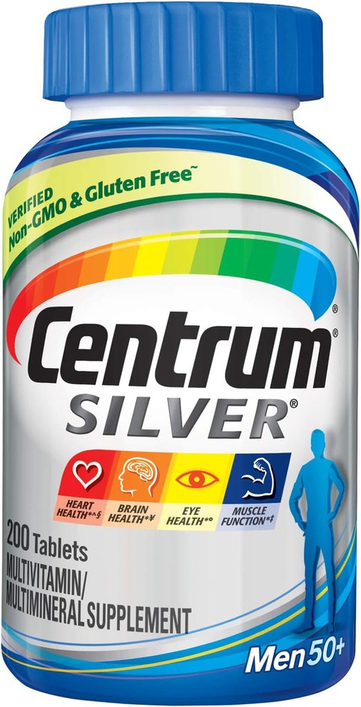 Centrum Silver Multivitamin for Men 50 Plus, Multimineral Supplement, Vitamin D3, B-Vitamins and Zinc, Gluten Free, Non-GMO Συστατικά, υποστηρίζει τη μνήμη και τη γνώση σε ηλικιωμένους ενήλικες - 200 Ct