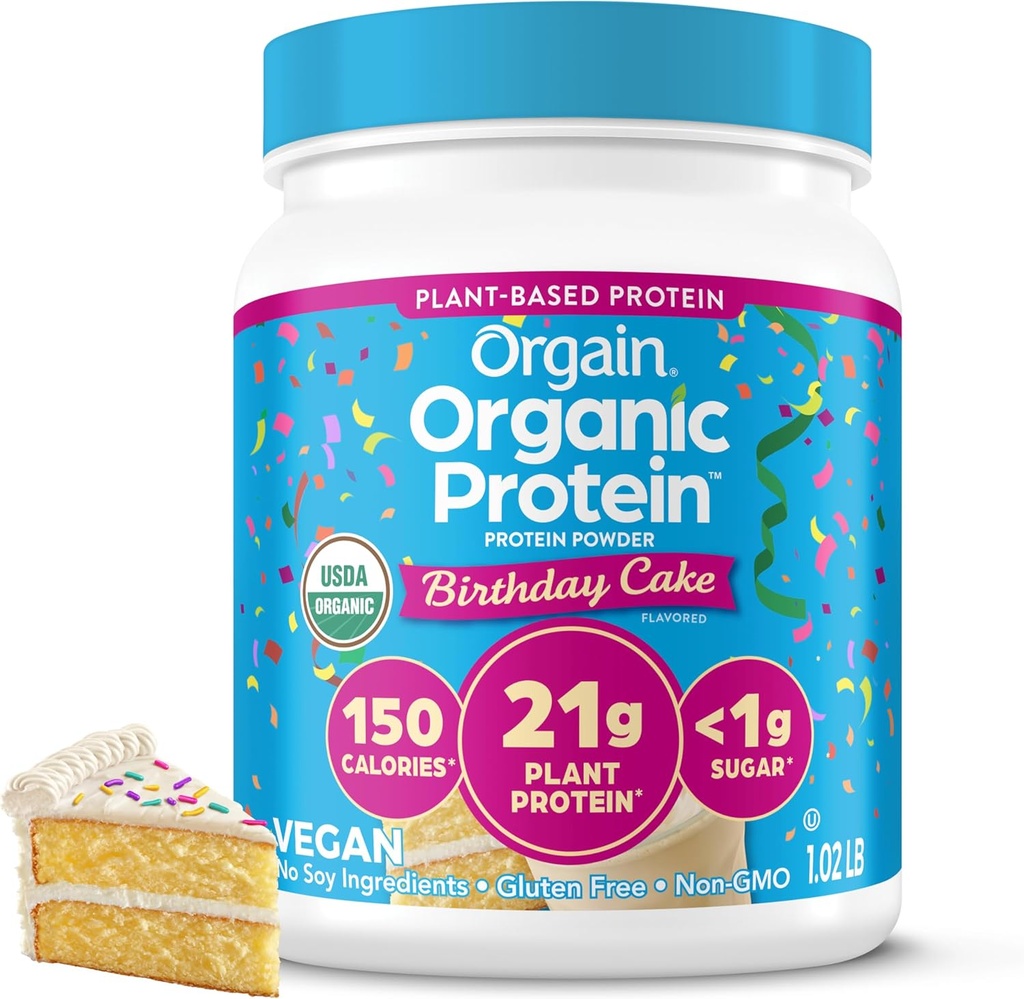 Orgain Organic Vegan Protein Powder, Birthday Cake - 21g Πρωτεΐνη με βάση το φυτό, 7g Προβιοτικές Ίνες, Χαμηλό Καθαρό Καρβίδιο, Όχι Συστατικά Λακτόζης, Όχι Προστιθέμενη Ζάχαρη, Μη-ΓΤΟ, για Shakes & Smoothies, 1,02 lb