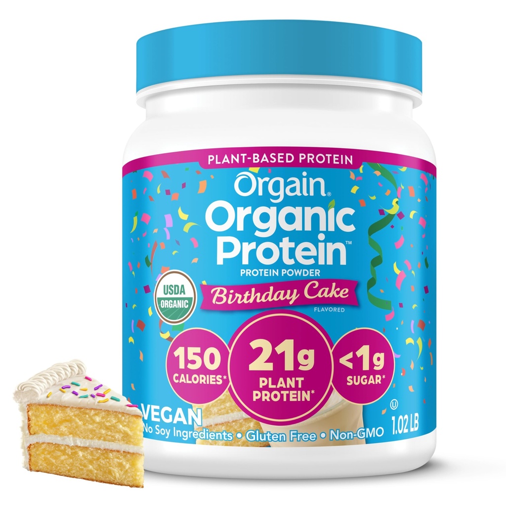 Orgain Organic Vegan Protein Powder, Birthday Cake - 21g Πρωτεΐνη με βάση το φυτό, 7g Προβιοτικές Ίνες, Χαμηλό Καθαρό Καρβίδιο, Όχι Συστατικά Λακτόζης, Όχι Προστιθέμενη Ζάχαρη, Μη-ΓΤΟ, για Shakes & Smoothies, 1,02 lb