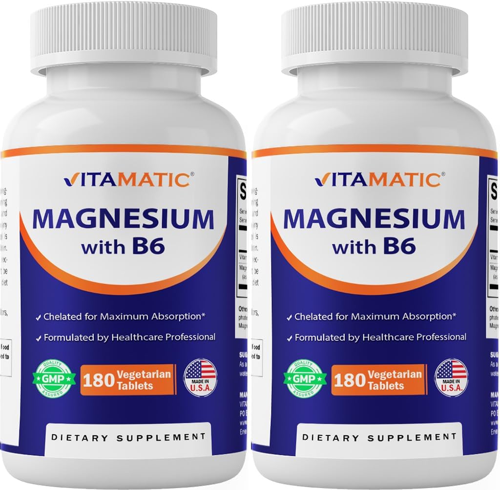 Vitamatic Magnesium with B6-180 Vegetarian Tablets (Uncoated) - Προστέθηκε B6 για μέγιστη απορρόφηση - Υποστηρίζει τους μυς, τις αρθρώσεις και την καρδιακή υγεία - 2 Pack