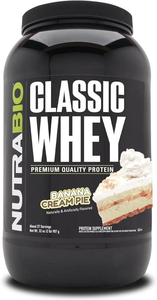NutraBio Classic Whey Protein Powder- 25G Protein Per Scoop - Full-Spectrum Amino Acid Profile - Χωρίς πληρωτικά, τεχνητά χρώματα, συντηρητικά - (Banana Cream Pie, 2 Λίρες)