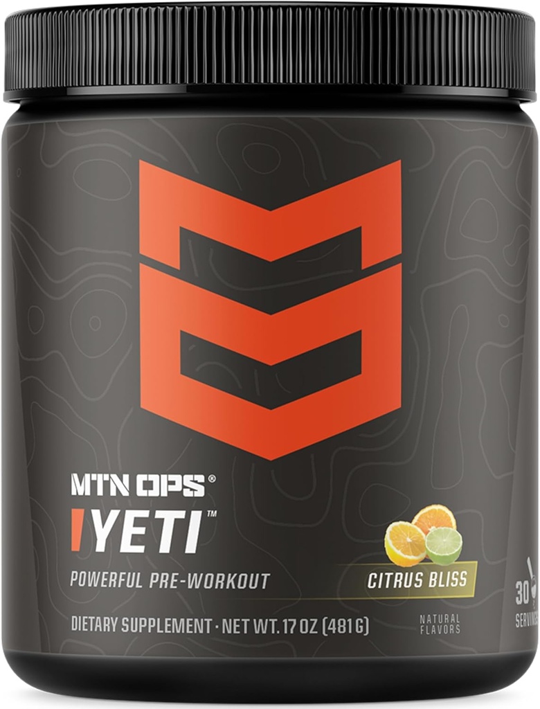 MTN OPS Yeti Pre-Workout Powder Energy Drink with Creatine, 200mg Caffeine & BCAAs with Beta Alanine, 30-Serving Tub, Citrus Bliss