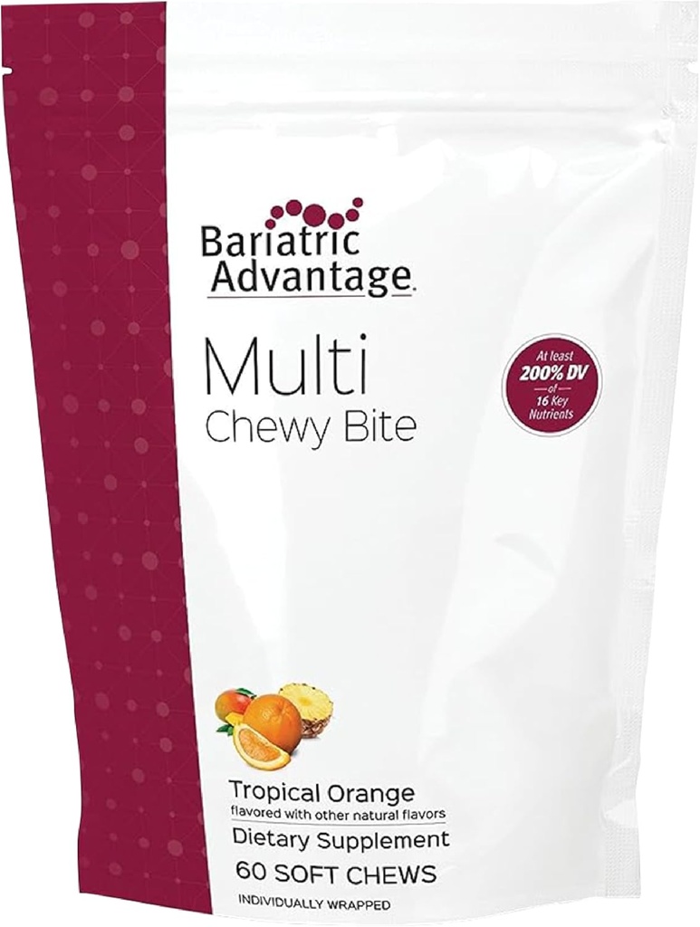 Μπαριατρικό Πλεονέκτημα Multi Chewy Bite - Μαλακή Μασά Πολυβιταμίνη για Βαριατρική Χειρουργική Ασθενείς - Μασώμενη Πολυβιταμίνη με Φολικό Οξύ, Βιταμίνη D3 & More - Τροπική Γεύση Πορτοκαλιού - 60 Count