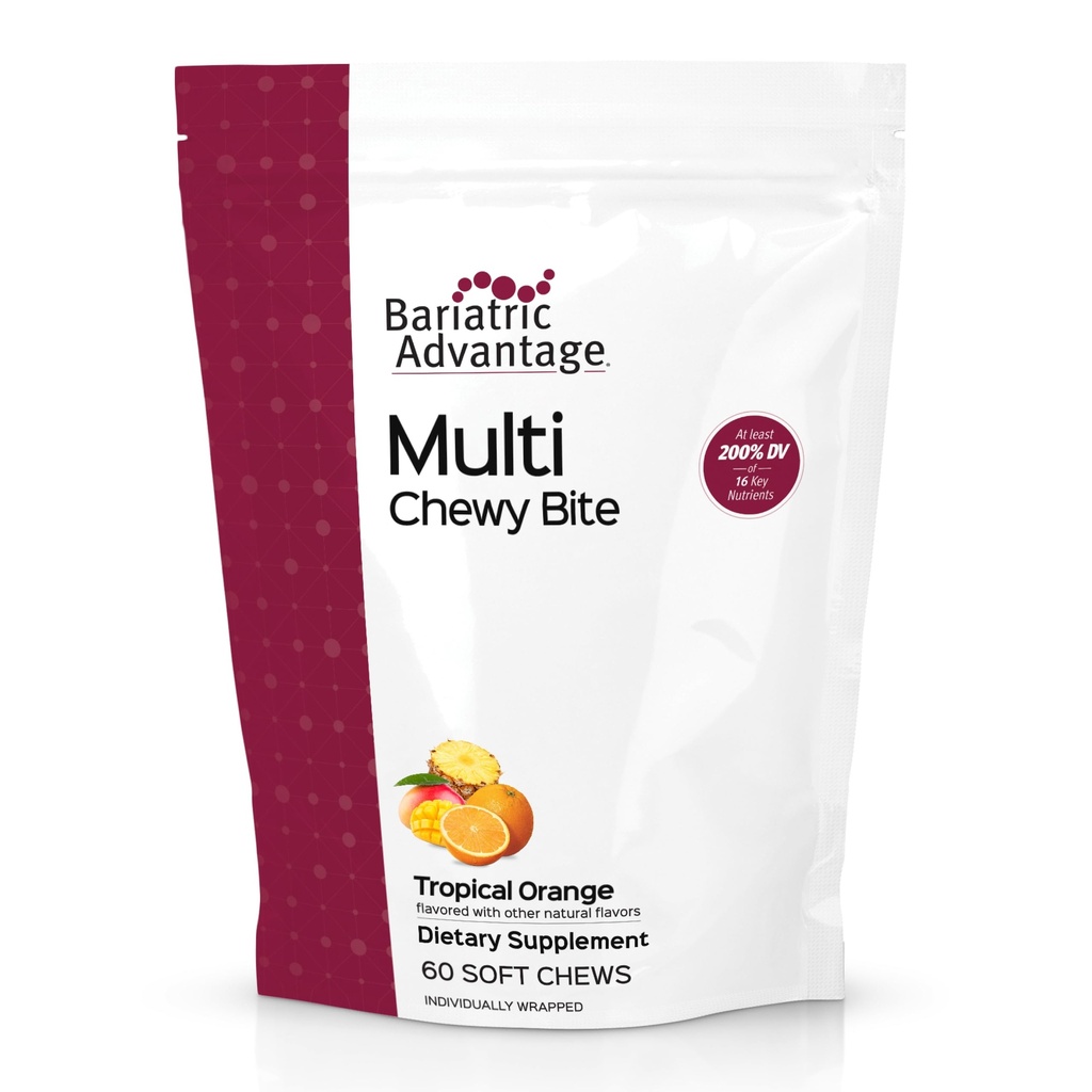 Μπαριατρικό Πλεονέκτημα Multi Chewy Bite - Μαλακή Μασά Πολυβιταμίνη για Βαριατρική Χειρουργική Ασθενείς - Μασώμενη Πολυβιταμίνη με Φολικό Οξύ, Βιταμίνη D3 & More - Τροπική Γεύση Πορτοκαλιού - 60 Count