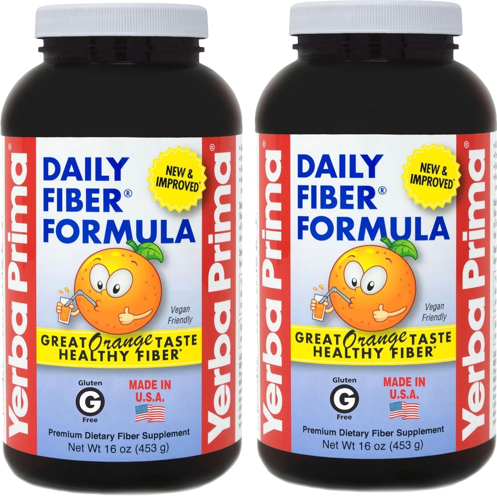 Yerba Prima Daily Fiber Formula 16 oz (πακέτο των 2) - Premium συμπλήρωμα διαιτητικών ινών, μη ΓΤΟ, Χωρίς γλουτένη, Κατασκευάζεται στις ΗΠΑ, Πορτοκαλί Γεύση