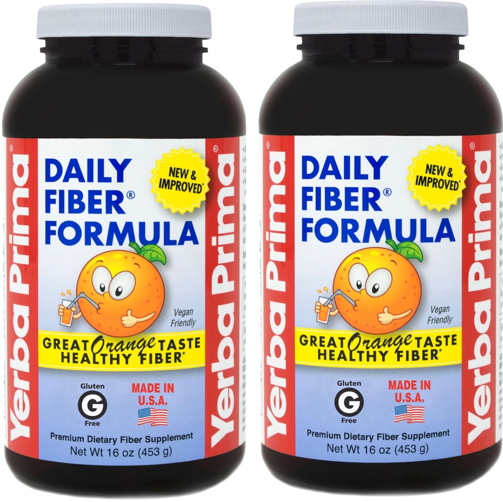Yerba Prima Daily Fiber Formula 16 oz (πακέτο των 2) - Premium συμπλήρωμα διαιτητικών ινών, μη ΓΤΟ, Χωρίς γλουτένη, Κατασκευάζεται στις ΗΠΑ, Πορτοκαλί Γεύση