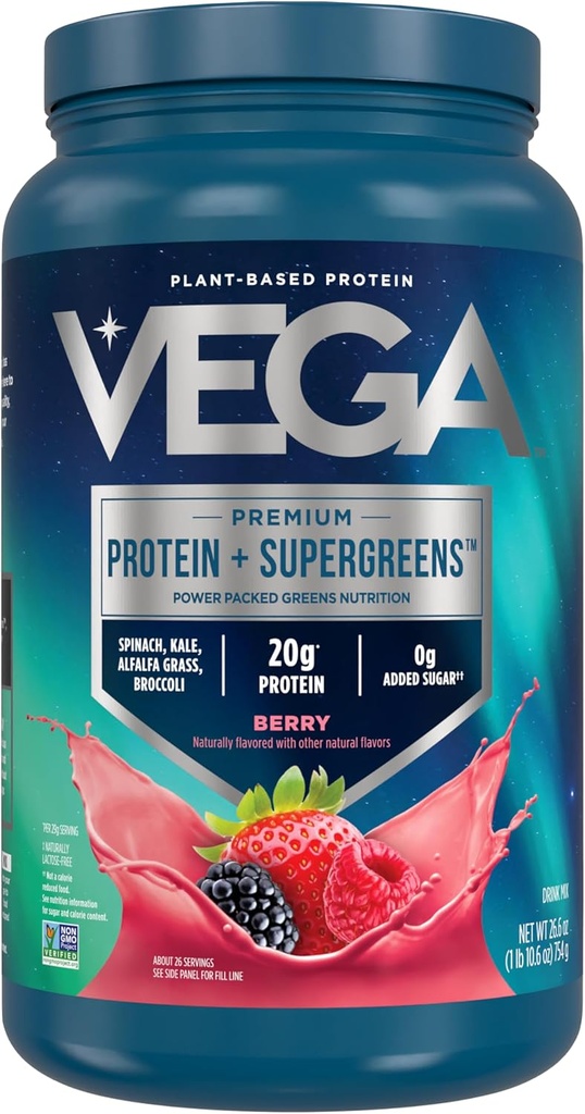 Vega Protein + Supergreens - 20g Πρωτεΐνη με βάση το φυτό, Berry, 26 μερίδες, Real Greens & Veggies, Vegan Keto, 0g Προστιθέμενη ζάχαρη, Μη ΓΤΟ, Χωρίς γλουτένη, Χωρίς γαλακτοκομικά, 1.7lbs (Packaging May Vary)