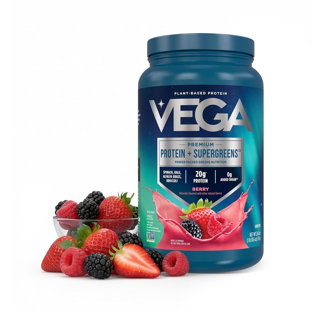 Vega Protein + Supergreens - 20g Πρωτεΐνη με βάση το φυτό, Berry, 26 μερίδες, Real Greens & Veggies, Vegan Keto, 0g Προστιθέμενη ζάχαρη, Μη ΓΤΟ, Χωρίς γλουτένη, Χωρίς γαλακτοκομικά, 1.7lbs (Packaging May Vary)