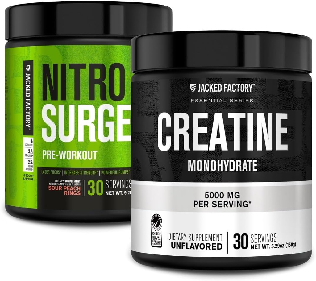 Jacked Factory NITROSURGE Preworkout Supplement - Άμεση Δύναμη Κερδίζει & Έντονες Αντλίες (30 Servings, Sour Peach Rings) & Creatine Monohydrate for Muscle Growth (30 Services, Unflaved)
