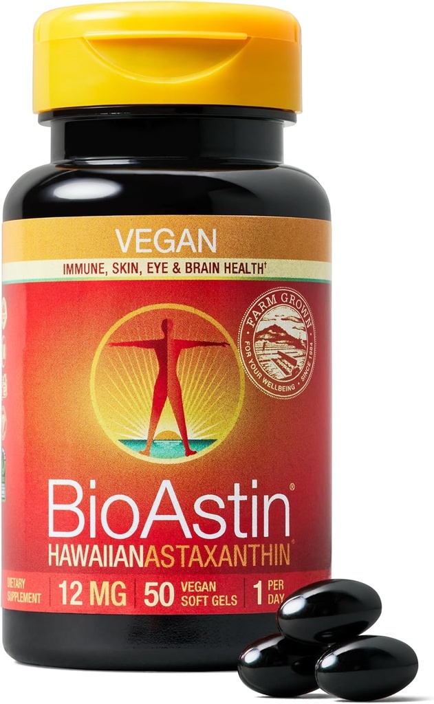 Nutrex Hawaii Vegan BioAstin Hawaiian Astaxanthin - 12mg, 50 Softgels - Farm-Direct Premium Αντιοξειδωτικό συμπλήρωμα για την υποστήριξη Eye, Skin, Joint & Immune System Health - Vegan, Non-GMO & Gluten-free