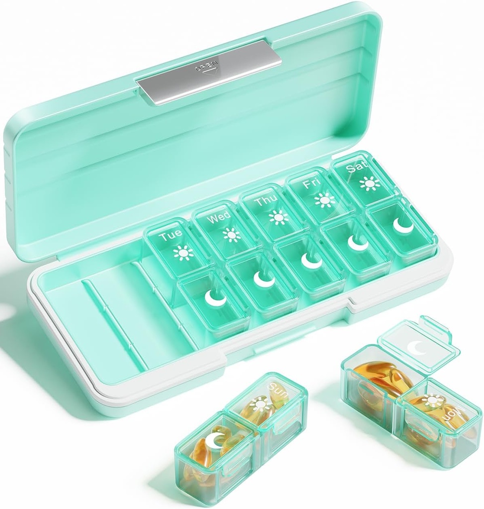 AM PM Pill Organizer 2 φορές την ημέρα, 7 ημέρες χάπι κουτί εβδομαδιαία Pill Organizer Ταξίδι με ξεχωριστό εμπορευματοκιβώτιο, φορητή καθημερινή ιατρική Planner θήκη για βιταμίνη, ιχθυέλαια, συμπληρώματα (πράσινο)