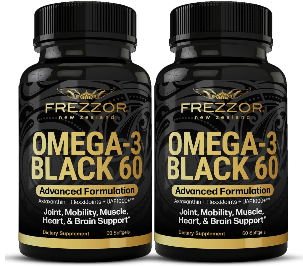 FREZZOR Omega 3 Μαύρο για Κοινή Φροντίδα & Άνεση - Νέα Ζηλανδία Πράσινο Lippped Καψάκια Λάδι Μύδια; 53x Υψηλότερη Ικανότητα με UAF1000+ Σούπερ Αντιοξειδωτικό, Χωρίς Αλιευτική Επίγευση, 60 Κόμης (Pack of 2)