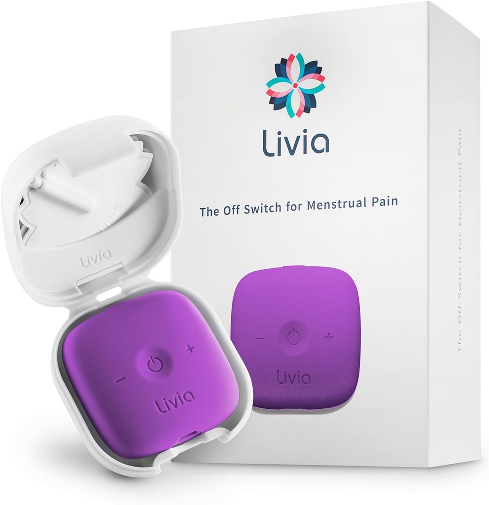 Livia Menstrual Pain Relief Device, Purple – Off-Switch for Period Pain – Φορητό & Διακριτικό – Επαναφορτιζόμενο, έως και 12 ώρες μπαταρία – Πλήρης Κιτ με Stick-On Pads – The Go-to Travel Partner