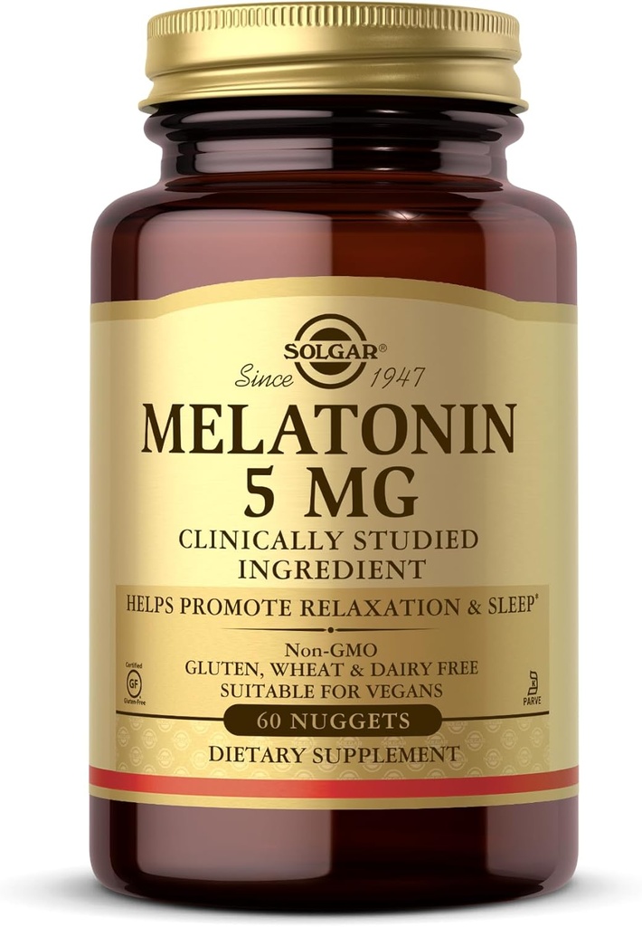 Solgar Melatonin 5 mg, 60 Nuggets - Helps Promote Relaxation & Rest - Clinically Studied Melatonin - Vegan, Gluten Free, Dairy Free, Kosher - 60 Servings