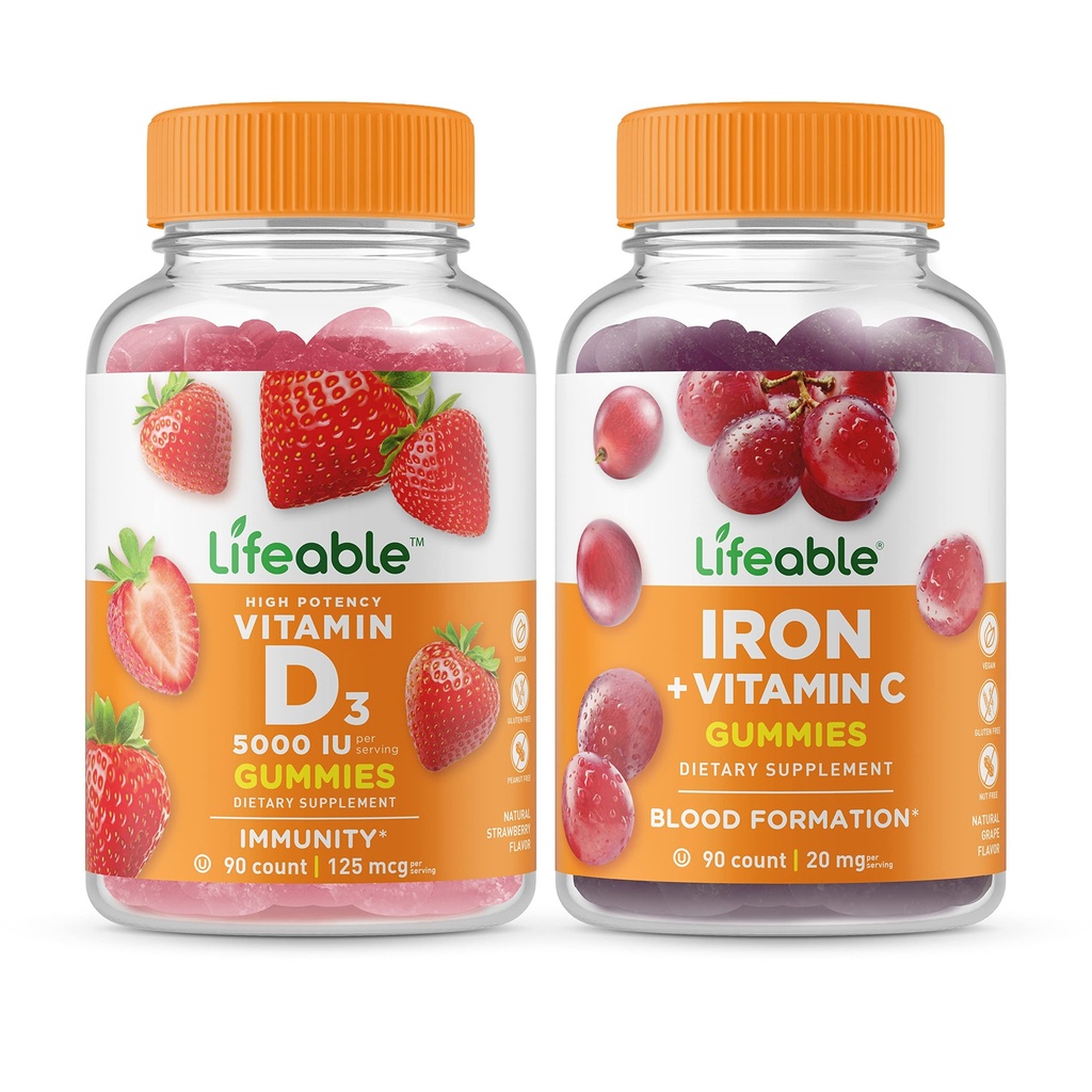 Ζωηρή βιταμίνη D 5000 IU + Σιδήρος με βιταμίνη C, Gummies Bundle - Μεγάλη γεύση, συμπλήρωμα βιταμίνης, χωρίς γλουτένη, GMO δωρεάν, Μασώμενα Gummy