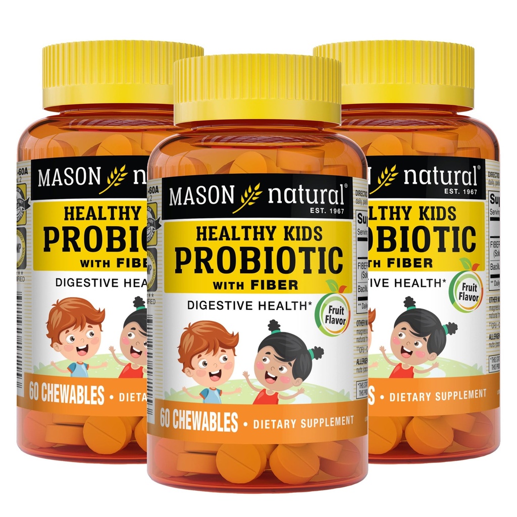 MASON NATURAL Healthy Kids Probiotic with Fiber - Υγιής Πειθαρχική λειτουργία, Βελτιωμένη Υγεία Ούρων, 60 Μασώμενα (πακέτο των 3)