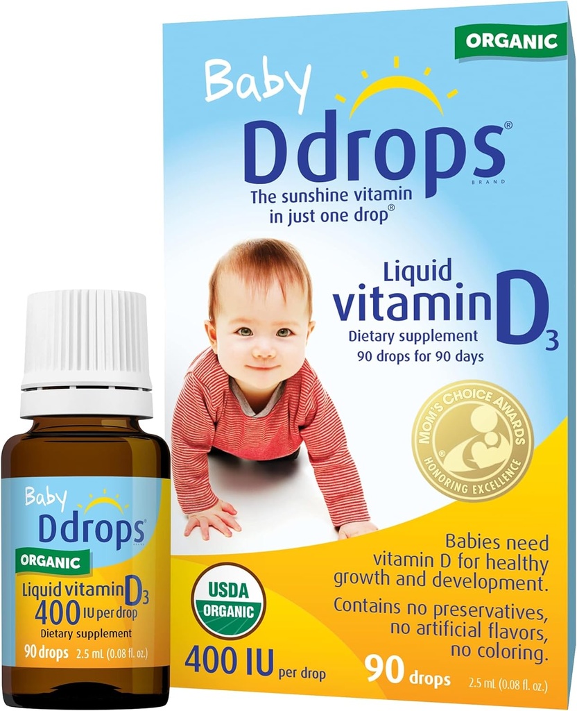 Drops Organic Baby 400 IU 90 Drops - Καθημερινή Βιταμίνη D Υγρό για Βρέφη. Υποστηρίζει τα δόντια & την υγεία των οστών. Χωρίς συντηρητικά, χωρίς ζάχαρη, χωρίς ΓΤΟ, Αλλεργία-Φιλικά - Συσκευασία των 2