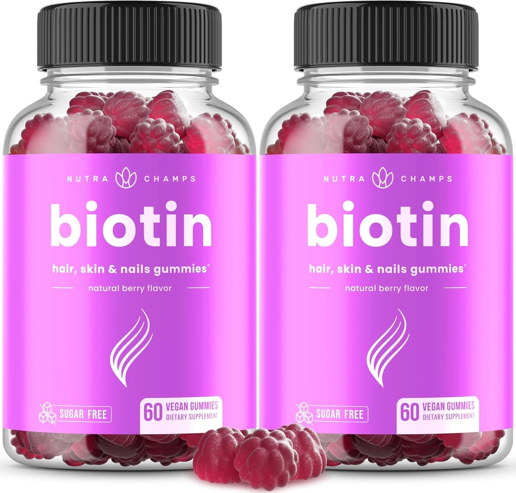 NutraChamps Sugar Free Biotin Gummies 10000mcg [High Potency] - Υγιή μαλλιά, δέρμα & νύχια για γυναίκες, άνδρες & παιδιά - 5000mcg σε κάθε γκόμι - Vegan συμπλήρωμα για την υγεία των μαλλιών
