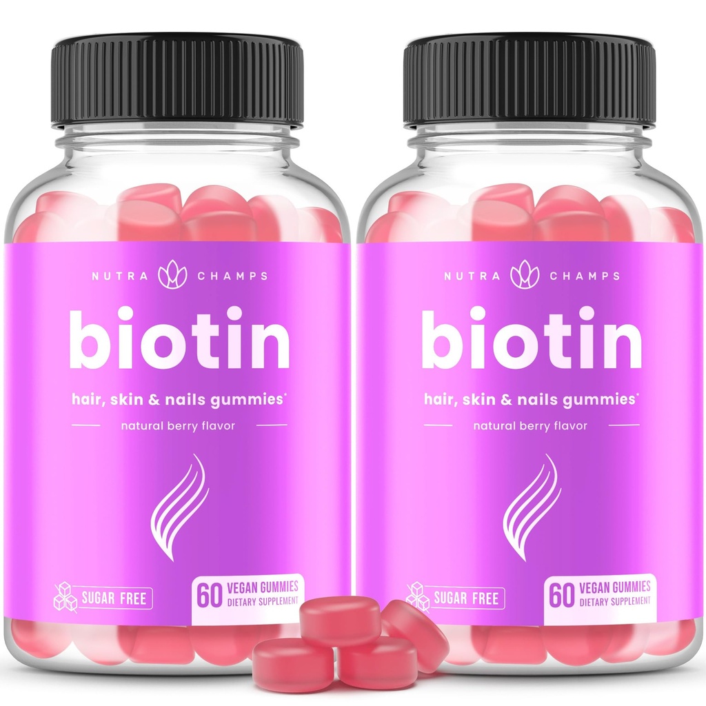 NutraChamps Sugar Free Biotin Gummies 10000mcg [High Potency] - Υγιή μαλλιά, δέρμα & νύχια για γυναίκες, άνδρες & παιδιά - 5000mcg σε κάθε γκόμι - Vegan συμπλήρωμα για την υγεία των μαλλιών