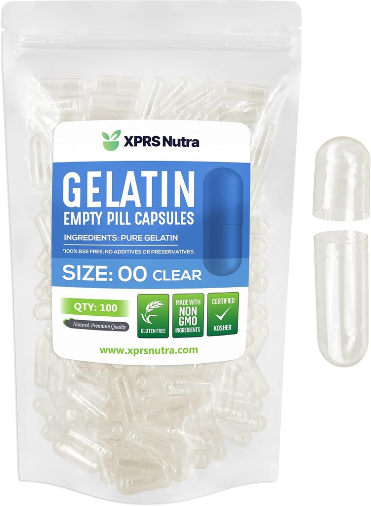 XPRS Nutra Μέγεθος 00 Κενές κάψουλες - 100 Cut Clear Empty Gelatin Κάψουλες - Χάπια DIY Καψάκιο Γέμισμα - Γέμισμα χάπια Gel Caps για Do-It-Yourself Συμπληρώματα